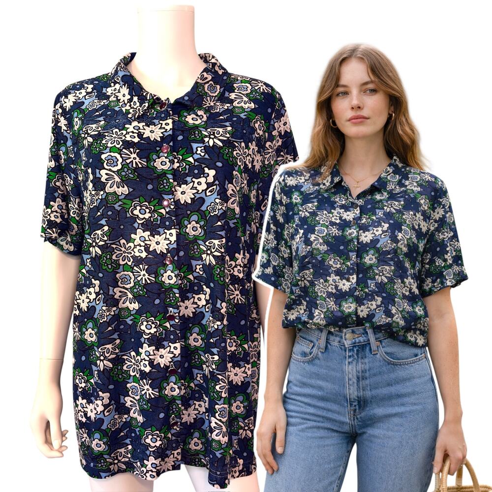 California Concepts Floral Blouse Burnout Print Womens Size XL Blue Green Vtg